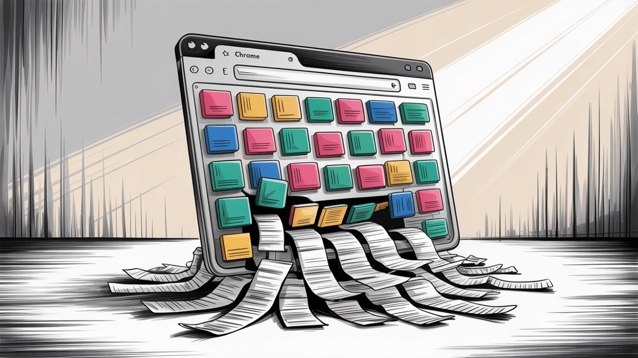 Hand-drawn illustration of web browser window weighted down by extension icons and overflowing cache files, demonstrating browser overhead that slows Gmail